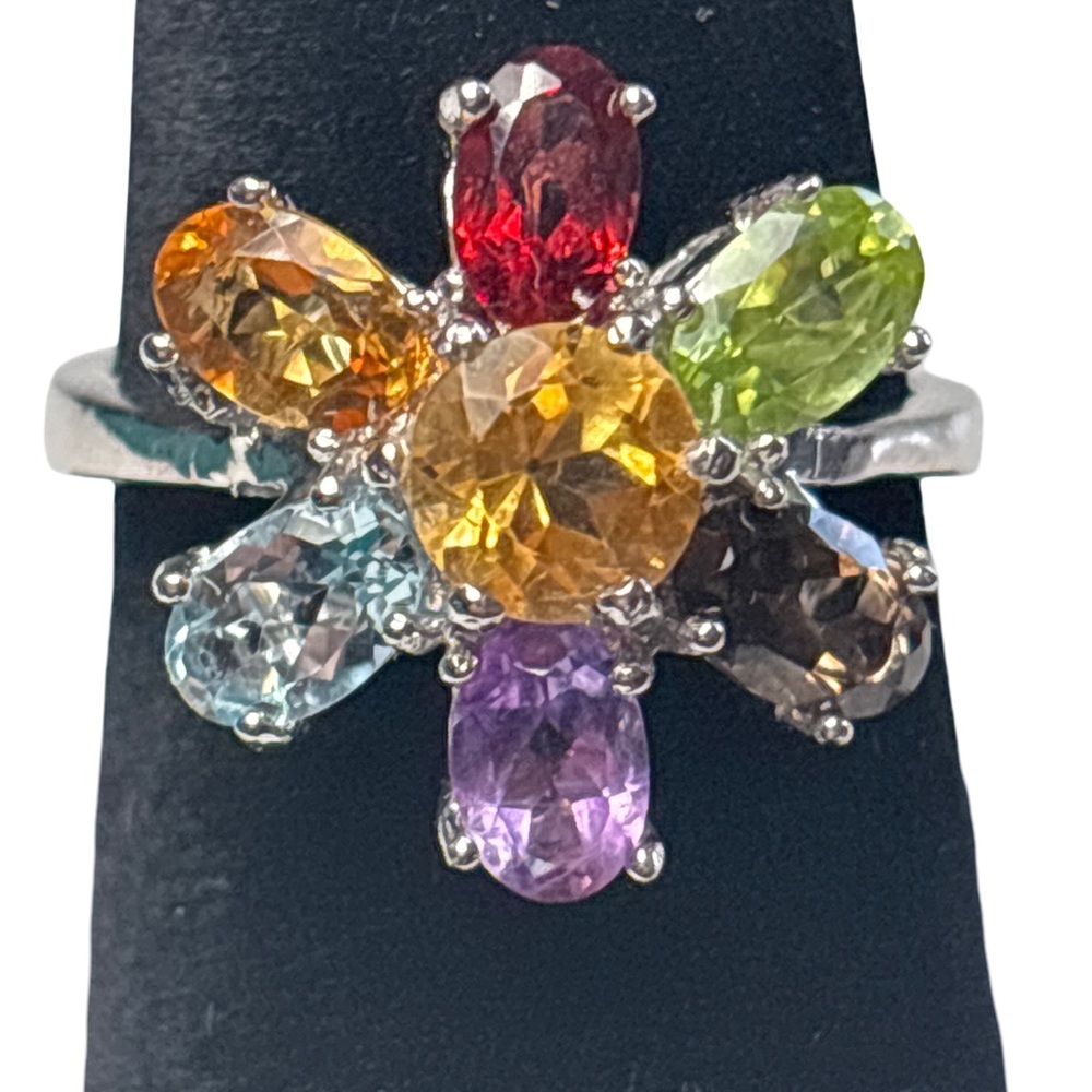 Vibrant Gemstone Floral Ring 925 sterling silver Size 7
